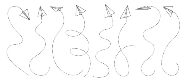 纸飞机航线 矢量航空旅行 轮廓折纸飞机飞行与飞行路径的虚线 孤立的细线折叠纸制飞机玩具 折纸飞机 飞机和滑翔机 — 图库矢量图片
