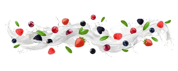 Spruzzi Onda Latte Con Bacche Yogurt Crema Latticini Versare Fuoriuscita — Vettoriale Stock