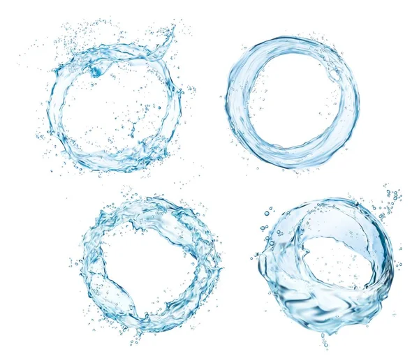ラウンド水スプラッシュ波の流れ 滴と青い水の渦 現実的な孤立ベクトル 水晶泡と水のラウンドフロー波は 波紋を注ぐと透明スプラッシュ固定渦巻 — ストックベクタ