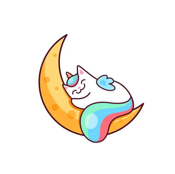 漫画かわいいかわいいかわいい漫画のキャラクターが月の上で寝ています カラフルな虹色の尾を持つベクトルホワイトユニコーン猫 三日月形の甘い夢を見て ホーン睡眠を持つ魔法の子猫 面白い子猫の性格 — ストックベクタ