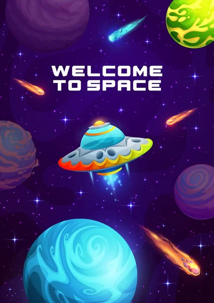 Cartoon Galassia Spazio Poster Con Ufo Paesaggio Universo Pianeti Spaziali — Vettoriale Stock