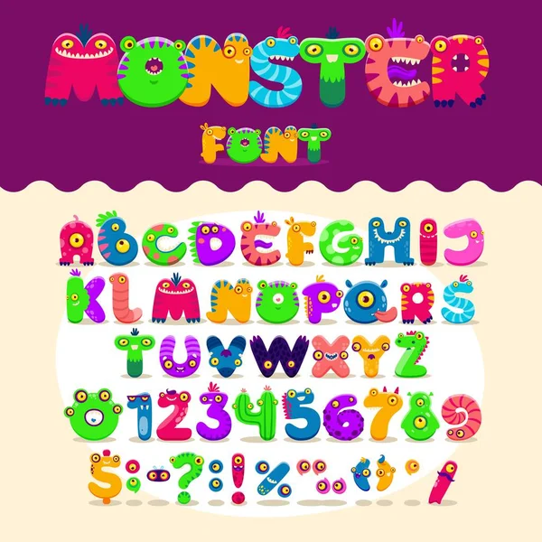 Cartoon Monsters Lettertype Type Lettertype Alfabet Vector Letter Nummer Tekens — Stockvector