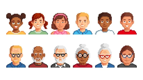 Caratteri Pixel Avatar Anziani Anziani Bambini Ragazzi Ragazze Utente Social — Vettoriale Stock
