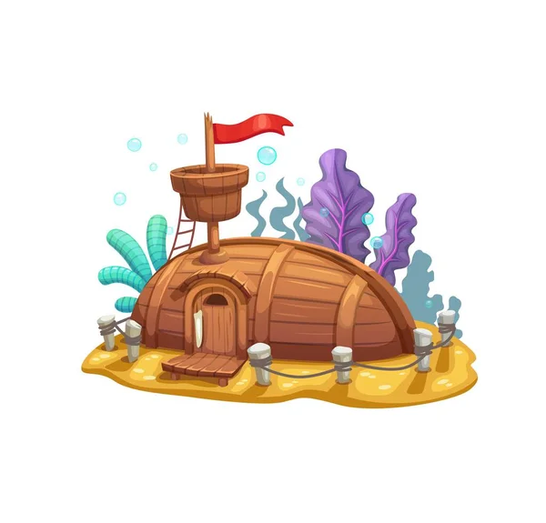 stock vector Cartoon underwater sunken boat fairy house, home or dwelling building. Vector sand bottom of sea, ocean or aquarium, fairy tale wooden sail ship house with mast, flag and door, seaweeds and bubbles