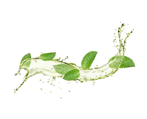 Green Herbal Tea Flow Wave Splash Mint Leaves Vector Drink — Stock Vector