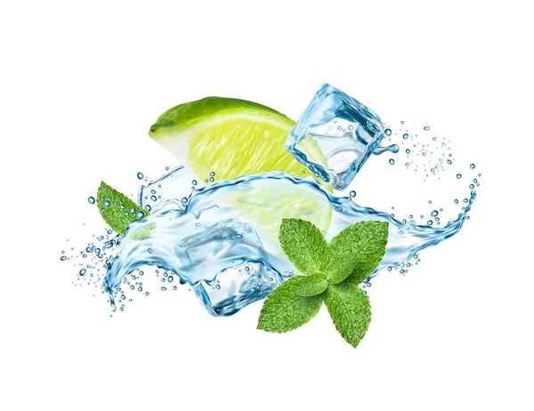 Νερό Λάιμ Παγάκια Και Φύλλα Δυόσμου Μοχίτο Πίνει Στροβιλισμό Κύμα — Διανυσματικό Αρχείο