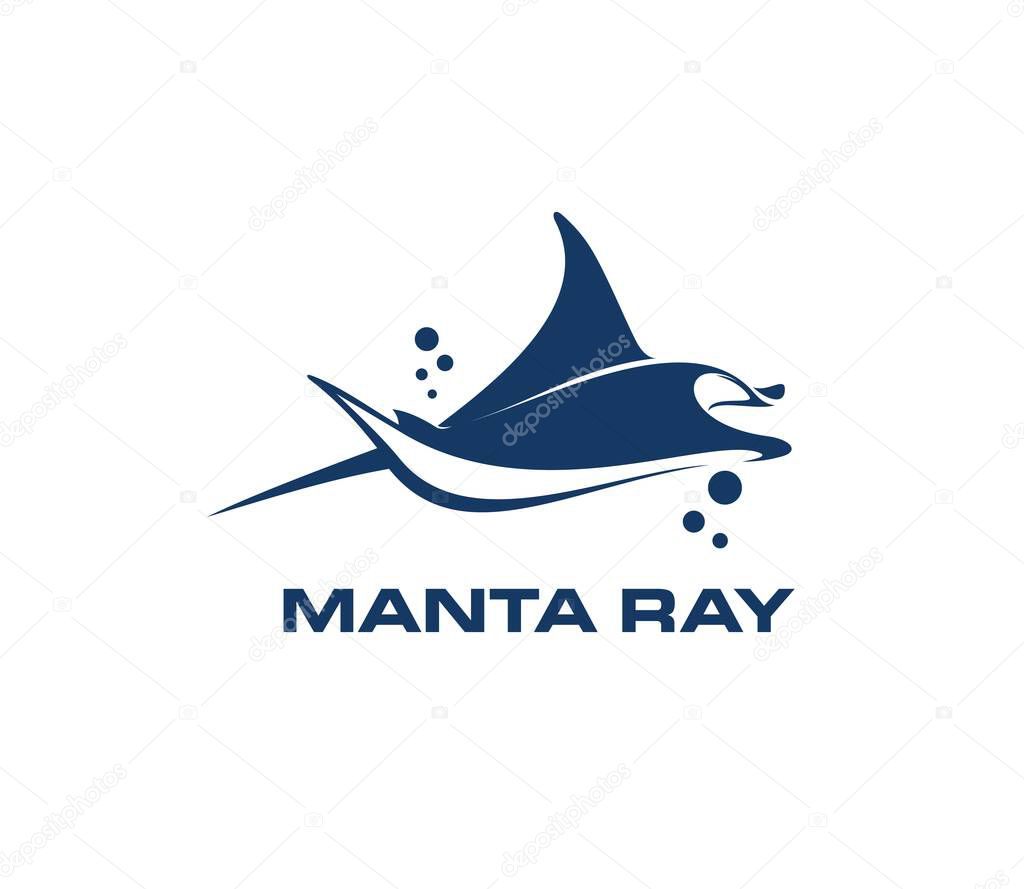 Manta ray animal symbol. Ocean mantaray, sea wildlife devilfish or seabed creature vector symbol. Oceanarium zoo, brand or company emblem with underwater skate or stingray animal