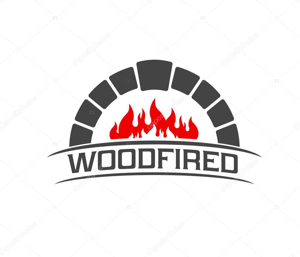 Fireplace, firewood furnace oven with wood on fire, woodfired chimney hearth, vector icon. Fireplace or brick stone furnace, bakery, pizza restaurant or pizzeria and grill bar or chef cuisine sign