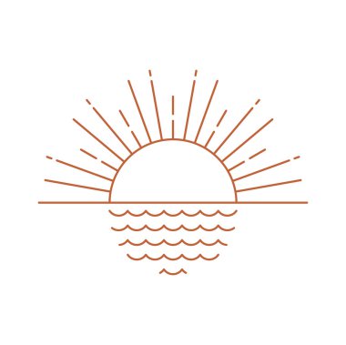 Soyut güneş desenli boho minimalist tasarımı, deniz dalgalarında gün doğumu veya gün batımı. Vektör bohem grafik çalışmaları, taslak simgesi. Boho tarzında gün ışığı
