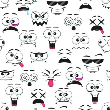 Çizgi film komik emojisi kusursuz bir şekille karşılaşıyor. Gülen göz ve ağız, vektör arkaplan. Mutlu şirin ve üzgün yüz ifadeleri ve kawaii ifade ifadeleri karalama şablonunda komik arkaplan için