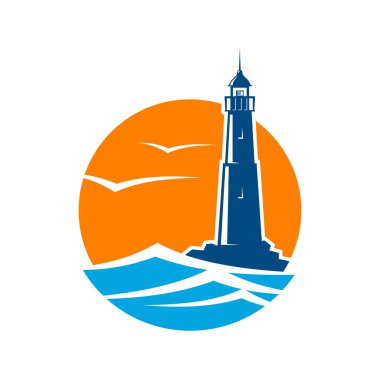 Deniz fenerinin deniz feneri simgesi. Sahildeki okyanus dalgaları üzerinde martılar, vektör amblemi. Deniz feneri ya da deniz kulesi tabelası, liman limanı ve gemi inşa şirketi için.