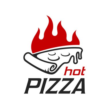 Ateş ikonunda pizza, pizza ya da İtalyan restoranı ve fast food vektör sembolü. Peynir damlalı pizza dilimi fırında ateş, el yapımı fırın fırında İtalyan pizzacısı işareti veya amblemi