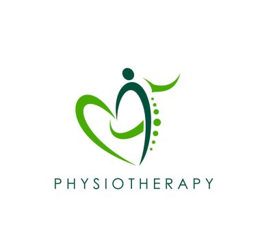 Fizyoterapi, kayropraktik masaj ikonu. Fizyoterapi kliniği, rehabilitasyon medikal merkezi ya da masör doktor vektör sembolü. Omurga sağlığı terapisti kalp ve insan figürleriyle imza atıyor.