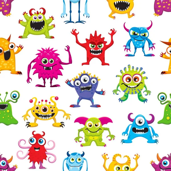 Desenhos Animados Monstro Personagens Sem Costura Padrão Crianças Engraçado Criaturas — Vetor de Stock