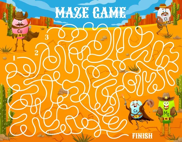Labyrinth Maze Wild West Cartoon Cowboy Sheriff Bandit Robber Vitamin — Stock Vector