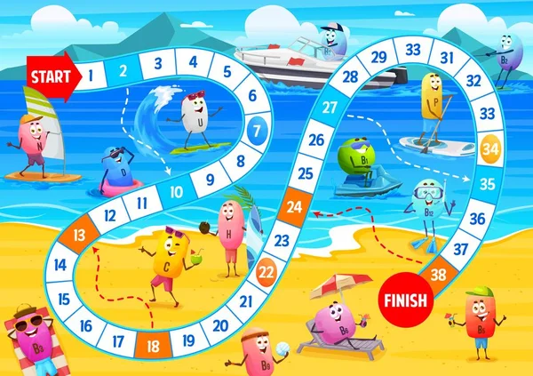 子供用ステップボードゲーム 夏のビーチで漫画のビタミンキャラクター 食品サプリメントカプセルN B6とベクトル再生活動ワークシート 栄養素P B12 — ストックベクタ