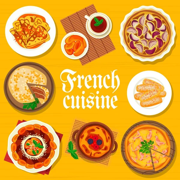 Fransız Mutfağı Menüsü Örtüsü Vektör Soğanlı Tart Portakal Soslu Krep — Stok Vektör