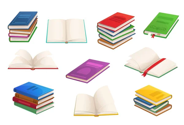 Cartoon Boeken Leerboeken Bestsellers Geopende Boeken Stapels Bibliotheek Geïsoleerde Vector — Stockvector