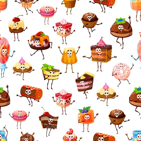 Cartoon Kuchen Cupcake Gelee Und Käsekuchen Zeichen Nahtlose Muster Vektorhintergrund — Stockvektor