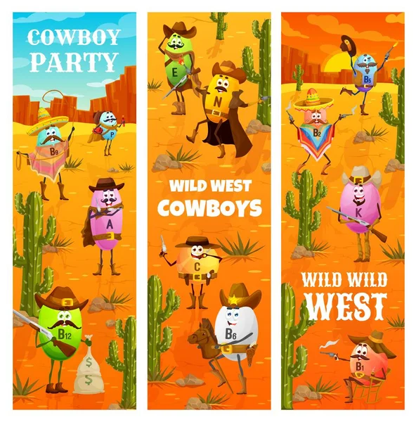 狂野西部牛仔派对 西部维生素牛仔 护林员和强盗人物 病媒横幅 得克萨斯州马和套索牛仔帽中的卡通维生素A B和E 孩子们的娱乐活动 — 图库矢量图片