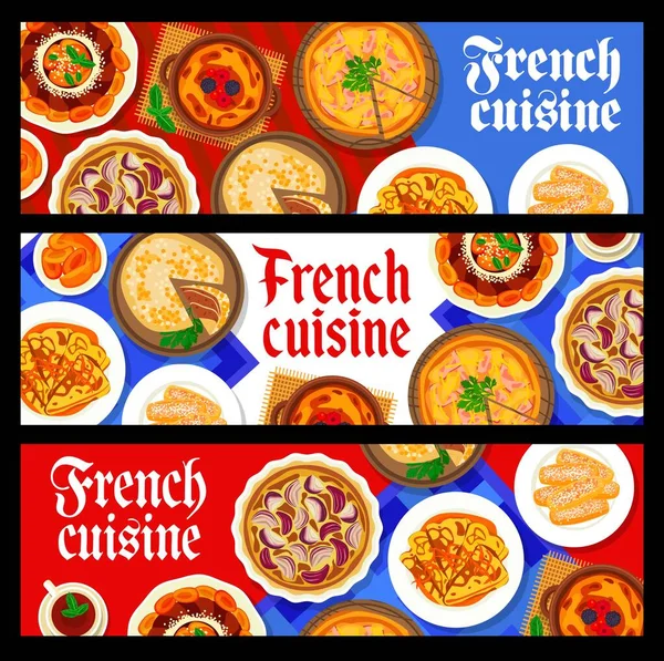 French Cuisine Food Banners Vector Almond Biscuit Onion Tart Ham — Stock Vector