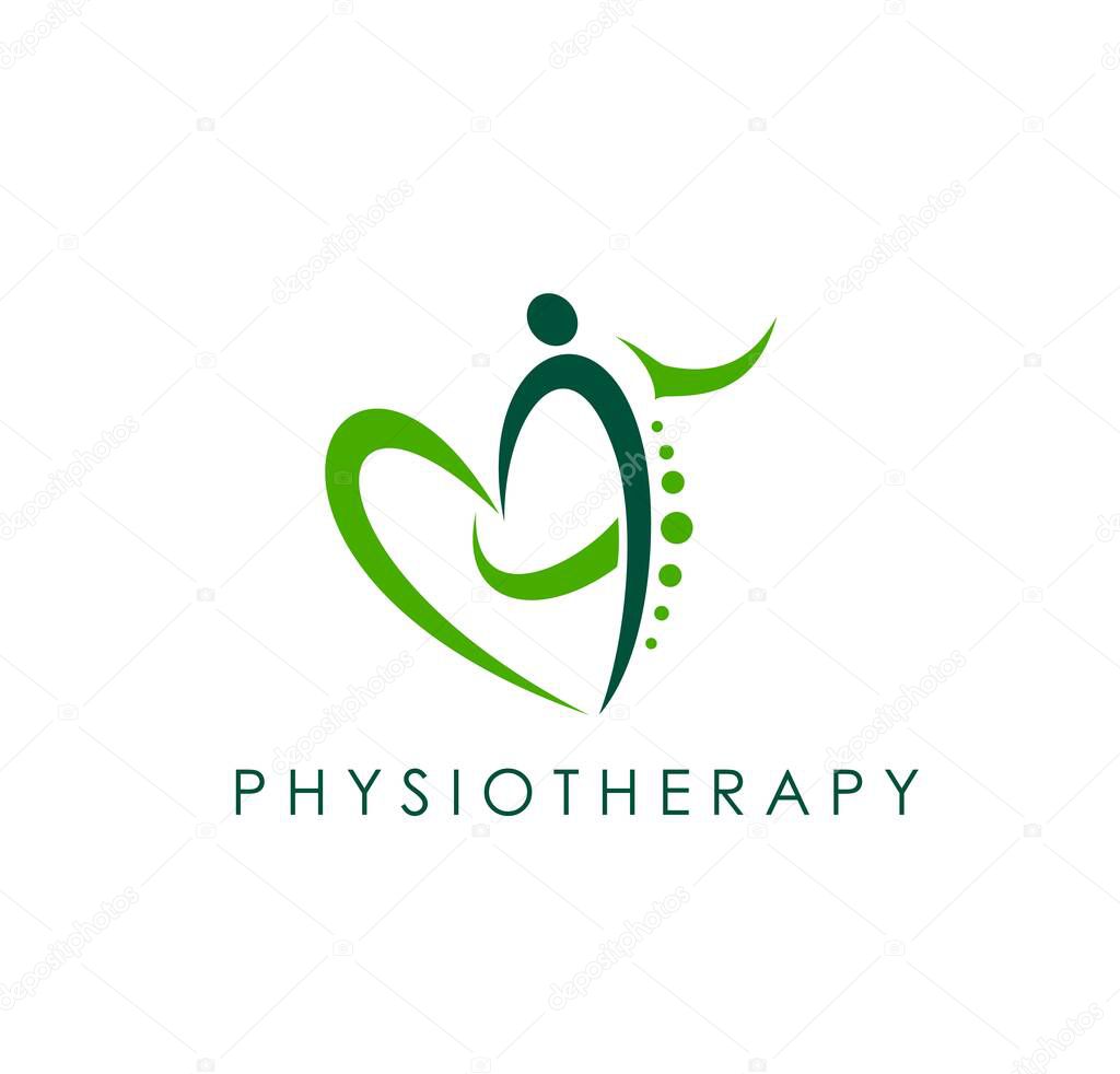 Physiotherapy, chiropractic massage icon. Physiotherapy clinic, rehabilitation medical center or chiropractic massage doctor vector symbol. Spine health therapist sign with heart and human figure