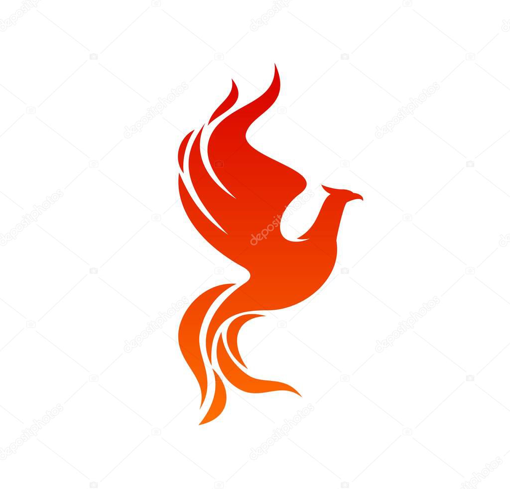 Phoenix bird or fenix firebird with wings of fire flames. Vector abstract eagle or falcon flying with fiery feathers. Fantasy phoenix or fenix bird silhouette heraldic emblem or symbol of rebirth
