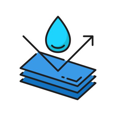 Su geçirmez tekstil kumaş, suya dayanıklı doku renk ikonu. Vektör kimyasal su geçirmez katmanlar etiketi, hidrofobik yüzey suyu emmez