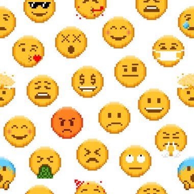 Piksel emojisi, 8 bit video oyunu emoticonlarıyla kusursuz desen. Piksel sanatının vektör arkaplan sarısı gülümse mutlu, üzgün, sevgi dolu, kızgın ve eğlenceli, hastalıklı ve korkutucu duygu ifadeleri olan karakterlerle yüzleş