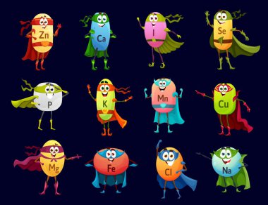 Çizgi film mineralleri süper kahraman ve savunma karakterleri, mikro besin değeri olan kişilikler. Vektör bakır, selenyum, manganez ve kalsiyum. Fosfor, ferrum, iyot veya natrium, kloryum, potasyum, kalyum veya çinko.