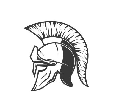 Spartan helmet, warrior gladiator or Roman and Greek soldier shield, vector icon. Trojan centurion armour or Sparta knight and Athena armor mask, Medieval fighter face and head helmet clipart