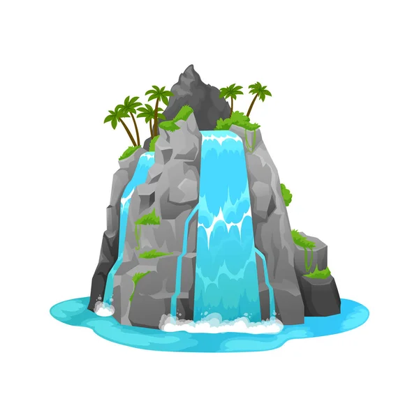 Cartoon waterfall or water cascade jungle nature landscape. Vector falling streams of water fall or mountain river, tropical island stone hill or rock cliff with waterfall, palm trees, exotic plants