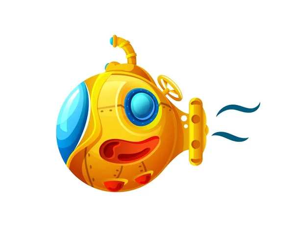 Cartoon Submarine Yellow Bathyscaphe Underwater Boat Periscope Vector Funny Sea — Stock Vector