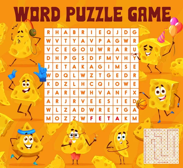 Cartoon Maasdam Gouda Cheese Characters Word Search Puzzle Game Worksheet — Stock Vector