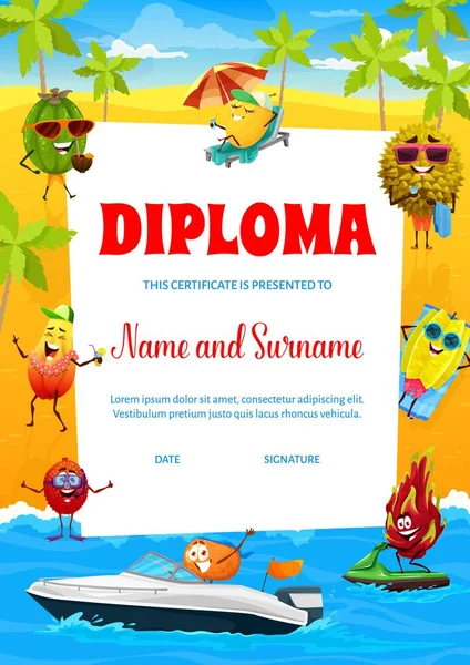 Vertical Niños Diploma Dibujos Animados Frutas Personajes Playa Verano Certificado — Archivo Imágenes Vectoriales