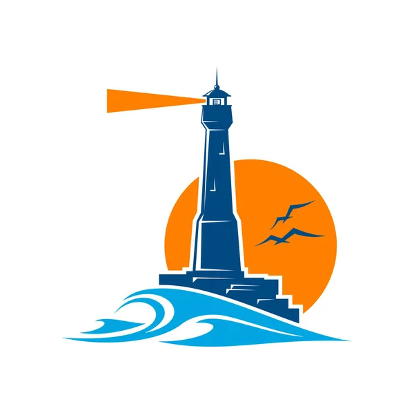 灯台とビーコンアイコン 海と海のセーリングの安全性 観光ランドマークと海洋旅行ナビゲーションベクトル記号 ビーコンタワー 岩の上の灯台 太陽の円盤と波とビジネス会社のアイコン — ストックベクタ