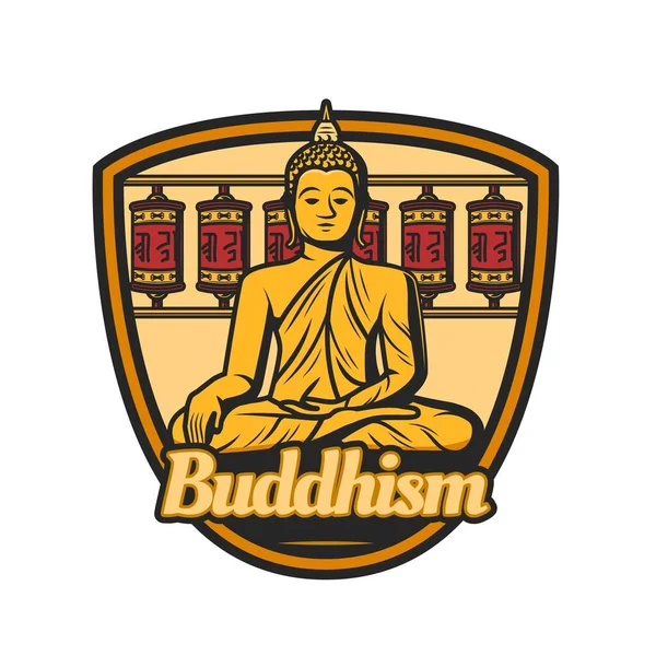Buddhism icon. Buddha and prayer wheels. Buddhism religion, oriental philosophy or meditation school vintage emblem or symbol with Buddha siting in lotus position monument, temple prayer wheels