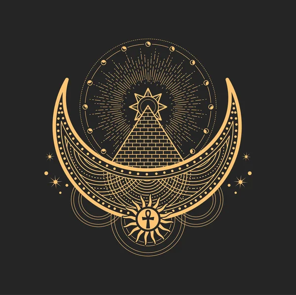 三日月密教のオカルト記号 魔法のタロット記号 ベクトル神聖な宗教神秘的なエンブレム石積みピラミッド エジプトの銀行 星と太陽 神秘主義 錬金術 占星術の象徴 — ストックベクタ