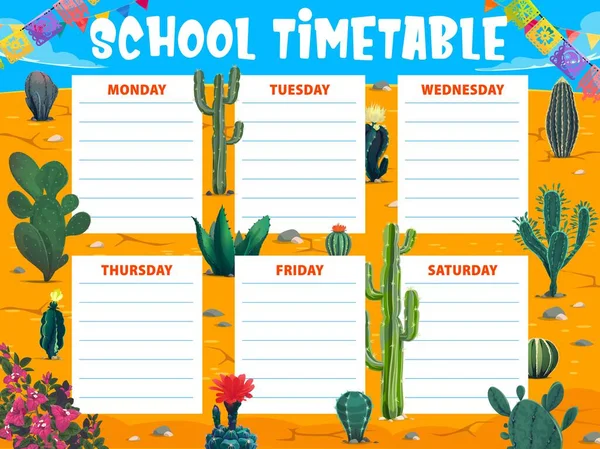 Timetable Schedule Mexican Desert Cactus Succulents Kids Education Lessons Weekly — Stock Vector
