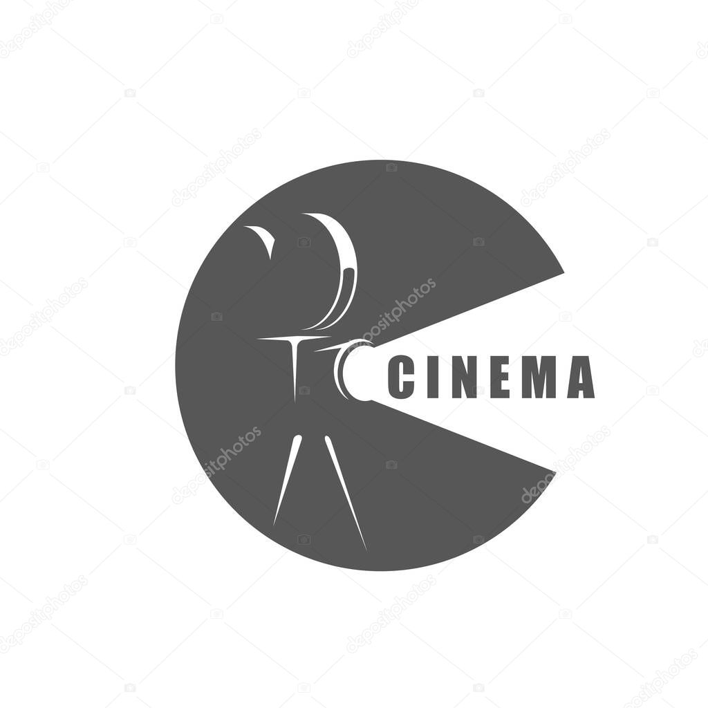 Cinema vector icon with retro movie projector. Movie theater or motion picture festival symbol with vintage film reel projector on tripod in circle frame. Cinematography equipment monochrome sign