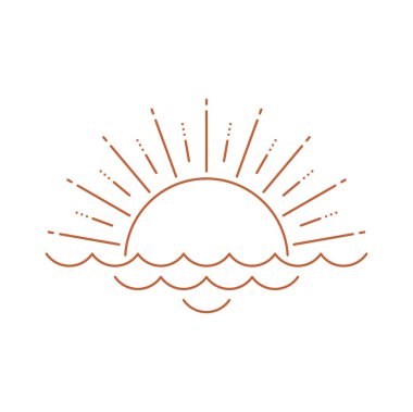 Bohem gün doğumu ya da günbatımı logosu, deniz ya da okyanus dalgaları üzerinde güneş. Vector boho tarzı kutsal güneş ışınları, parıldayan gök cismi, meditasyon işareti.