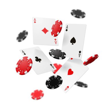 Kumarhane kumarhanesi poker kartları ve fişler. Vektör 3D oyun kartları, siyah maça ve sopaların gerçekçi asları, plastik oyun fişleri, kumar ve kumarhane temalı kırmızı kalpler ve elmaslar