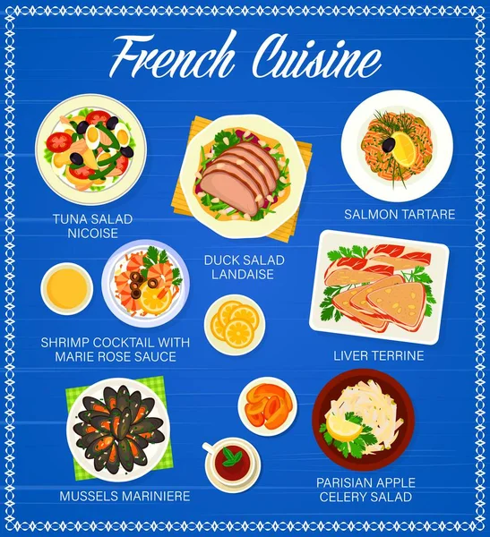 French Cuisine Menu Vector Tuna Salad Nicoise Duck Salad Landaise — Stock Vector