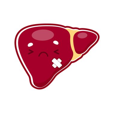 Karaciğer, hasta organ karakteri, sağlıksız çizgi film üzgün karaciğer ve tıbbi bant. Karaciğer hastalığı veya hepatit hastalığı, sağlık ve kötü karaciğer diyeti, hepatik kanser veya enfeksiyon sorunu