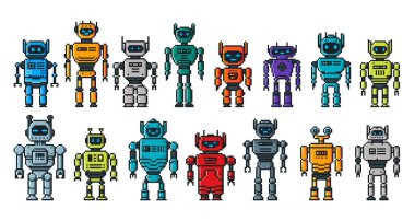 Piksel robot karakterler, 8 bit karikatür robot droidler ve androidler, vektör oyun varlıkları. Piksel robotlar ve droid cyborglar, trafo oyuncakları ve atari oyunu için ekran yüzlü elektronik uzay makineleri