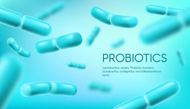 Probiyotik bakteri, laktobacillus asidophilus ve bifidobacterium, vektör arkaplan. Probiyotik bakteri prebiyotikleri, mide sağlığı ve bifidobakteriyel sindirim için sağlıklı mikroorganizma bakterileri.