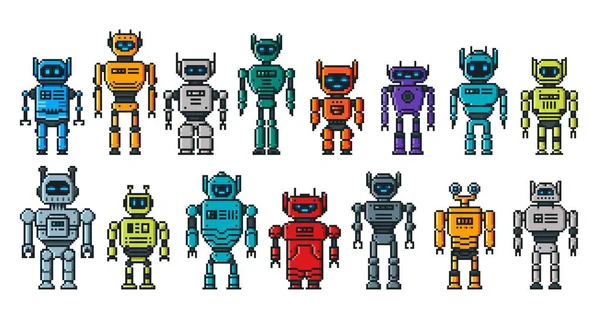 ピクセルロボットキャラクター 8ビット漫画ロボットドロイドとアンドロイド ベクトルゲーム資産 アーケードゲームのための画面の顔を持つピクセルロボットやドロイドのサイボーグ トランスおもちゃや電子スペースマシン — ストックベクタ