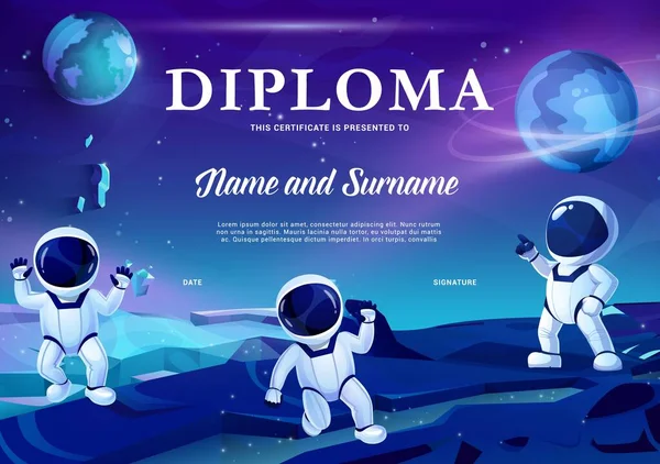 Een Astronautendiploma Cartoon Astronautenfiguren Ruimte Planeet Afstudeercertificaat Voor Kinderen Concours — Stockvector
