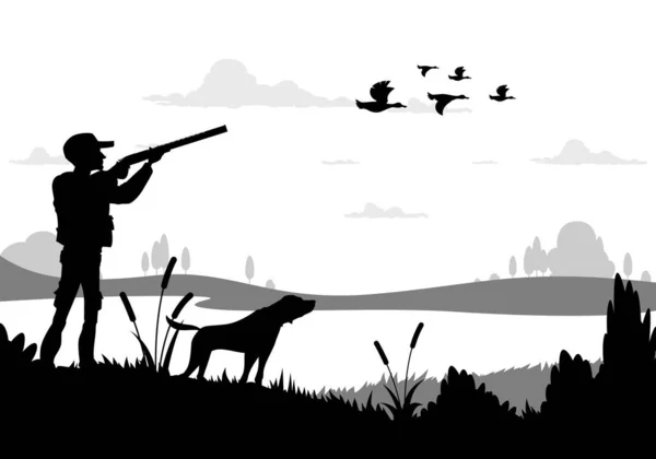 Siluet Avlama Tüfeği Köpek Ördek Sürüsü Gölet Manzarası Vektör Geçmişi — Stok Vektör