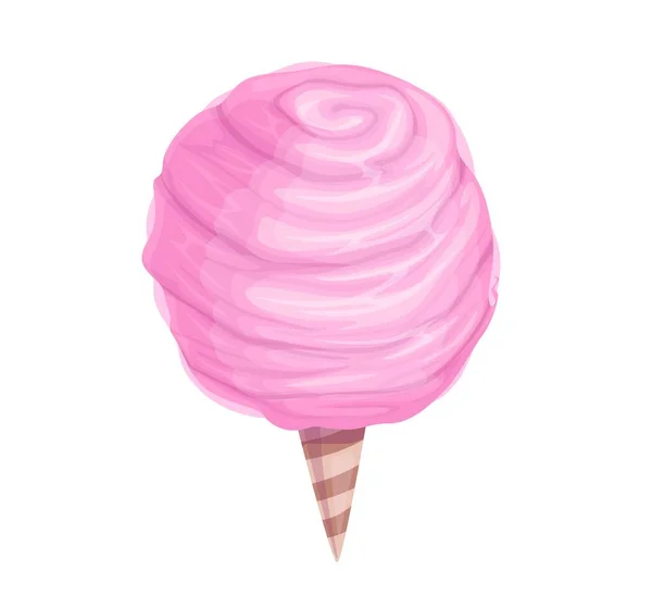 卡通棉糖 分离载体蓬松可口的粉红糖云在锥形 传统的街头集市和嘉年华食品 甜甜的白色背景甜点 夏季小吃 — 图库矢量图片